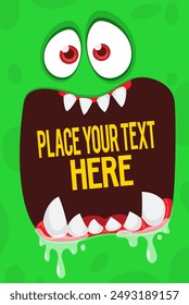 Cartoon monster face with funy expression opened mouth blank space banner for text . Great for package design or party decoration.