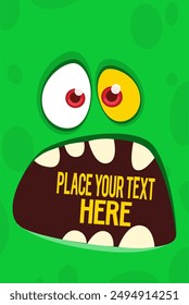 Cartoon monster face with funy expression opened mouth blank space banner for text . Great for package design or party decoration.