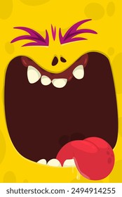 Cartoon monster face with funy expression opened mouth blank space banner for text . Great for package design or party decoration.