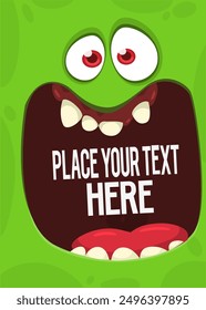 Cartoon monster face with funy expression opened mouth blank space banner for text . Great for package design or party decoration.