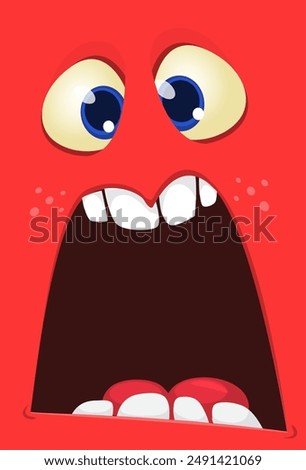 Cartoon monster face with funy expression opened mouth blank space banner for text . Great for package design or party decoration.