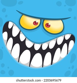 Cartoon monster face isolated . Vector Halloween blue angry monster square avatar