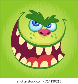 Cartoon monster face isolated . Vector Halloween happy monster square avatar. Funny troll, gremlin or goblin face