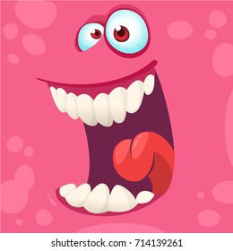 Cartoon monster face isolated . Vector Halloween pink happy monster square avatar