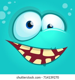 Cartoon monster face isolated . Vector Halloween blue happy monster square avatar. Design for t-shirt, sticker, print or party invitation