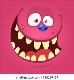 Cartoon monster face isolated . Vector Halloween pink happy monster square avatar. Funny troll, gremlin or goblin face