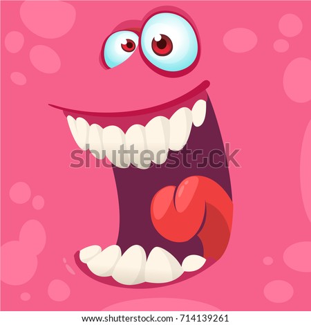 Cartoon monster face isolated . Vector Halloween pink happy monster square avatar