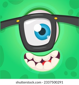Cartoon monster face with one wearing eyeglasses. Vector Halloween monster illustration.