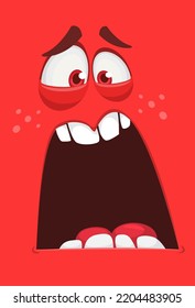 Cartoon monster face with scary expression opened mouth  blank space  banner for text. Vector illustration. Isolated. Halloween design element for banner, postcard, poster, package or decoration
