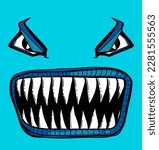 Cartoon monster face with sharp teeth sand evil eyes. angry facial expression. Doodle character. Horror mask