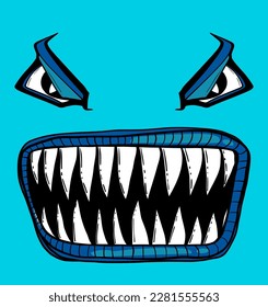 Cartoon monster face with sharp teeth sand evil eyes. angry facial expression. Doodle character. Horror mask