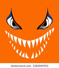 Cartoon monster face sharp teeth, evil eyes on orange background. Halloween pump angry facial expression. Doodle character. Horror mask spooky