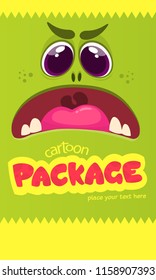 Cartoon monster face. Vector Halloween green cool monster avatar with wide opened mouth. Big set of monster faces. Package design