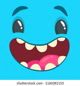Cartoon monster face. Vector Halloween blue smiling monster avatar. Big set of monster faces. Package design