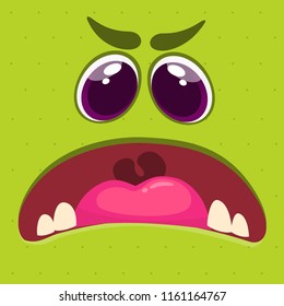 Cartoon monster face. Vector Halloween green cool monster avatar with wide opened mouth. Big set of monster faces. Package design