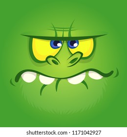 Cartoon monster face. Vector Halloween green zombie or dragon monster avatar