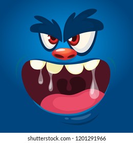 Cartoon monster face. Vector Halloween blue monster 