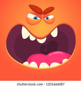 Cartoon monster face. Vector Halloween orange monster 