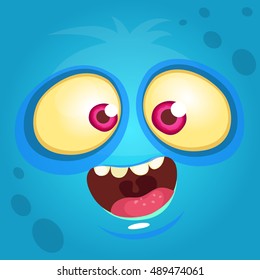 Cartoon Monster Face. Vector Halloween Blue Monster Avatar