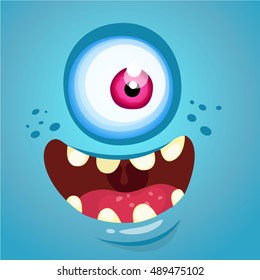 Cartoon Monster Face. Vector Halloween Blue Monster With One Eye