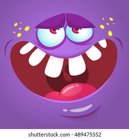 Cartoon monster face. Vector Halloween violet monster avatar