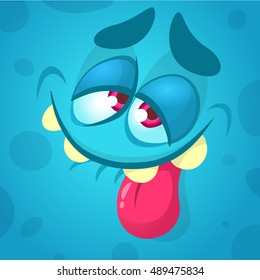 Cartoon Monster Face. Vector Halloween Blue Smiling Monster Avatar 