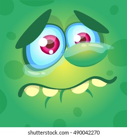 Cartoon monster face. Vector Halloween green sad monster crying