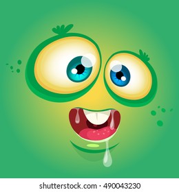 Cartoon monster face. Vector Halloween green monster avatar with wide smile