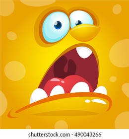 Cartoon monster face. Vector Halloween yellow screaming monster avatar