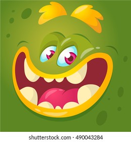 Cartoon monster face. Vector Halloween green monster avatar with wide smile