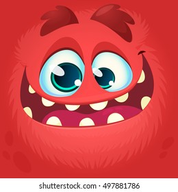 Cartoon Monster Face. Vector Halloween Red Monster Avatar With Wide Smile