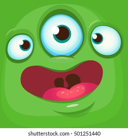 Cartoon monster face. Vector Halloween green monster avatar with three eyes smiling