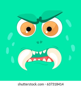 Cartoon monster face. Vector Halloween green angry fairy tale avatar. Vector illustration.