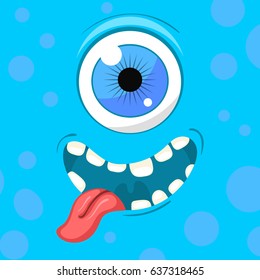 Cartoon monster face. Vector Halloween blue smiling fairy tale avatar. Vector illustration.