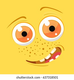 Cartoon monster face. Vector Halloween yellow smiling fairy tale avatar. Vector illustration.