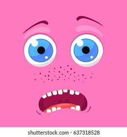 Cartoon monster face. Vector Halloween pink smiling fairy tale avatar. Vector illustration.