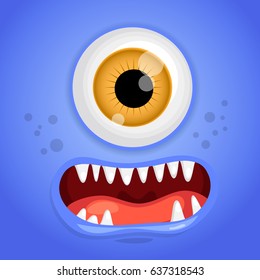 Cartoon monster face. Vector Halloween blue smiling fairy tale avatar. Vector illustration.