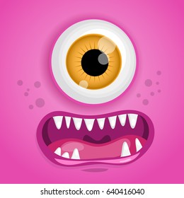 Cartoon monster face. Vector Halloween pink smiling fairy tale avatar. Vector illustration.