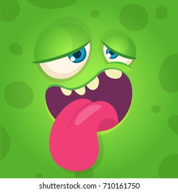 Cartoon monster face. Vector Halloween green happy cool monster avatar. Party mask. Design for logo or emblem or t-shirt