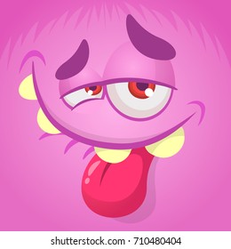 Cartoon monster face. Vector Halloween pink happy cool monster avatar. Party mask.  Prints design for t-shirts, logo, emblem, sticker or print