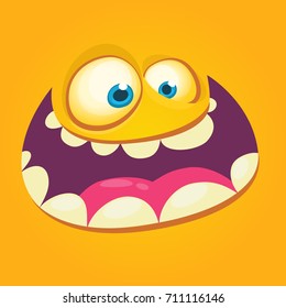 Cartoon monster face. Vector Halloween orange cool monster avatar with wide smile. Prints design for t-shirts