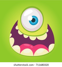 Cartoon monster face. Vector Halloween green cool monster avatar with wide smile. Big set of monster faces