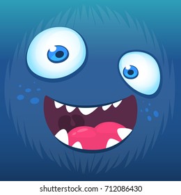 Cartoon monster face. Vector Halloween blue monster avatar with wide smile