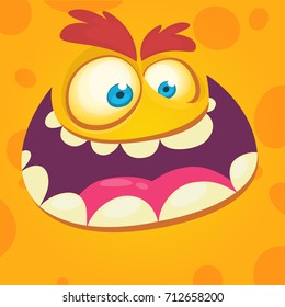 Cartoon monster face. Vector Halloween orange happy monster square avatar. Design for t-shirt, sticker, print or party invitation