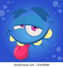 Cartoon monster face. Vector Halloween blue happy monster square avatar. Design for t-shirt, sticker, print or party invitation