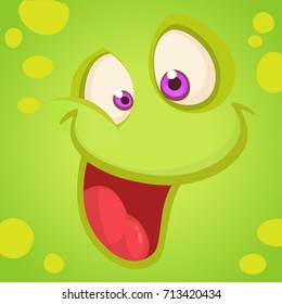 Cartoon monster face. Vector Halloween green happy cool monster avatar. Party mask