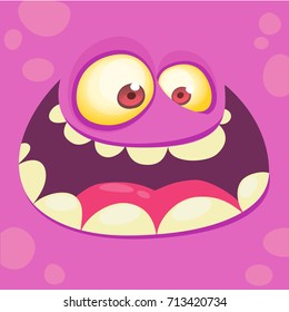 Cartoon monster face. Vector Halloween pink monster avatar with wide smile. Prints design for t-shirts, logo, emblem or children party decoration