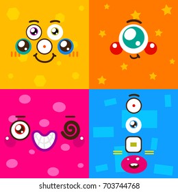 Cartoon monster faces, card for mathematics, yellow hexagon, orange star, pink ellipse, blue rectangle, children's illustration, vector, set.