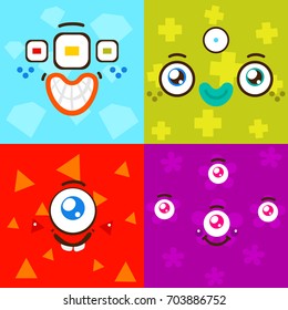 Cartoon monster faces, card for mathematics, light blue diamond, green cross, red triangle, purple free form, children's illustration, vector, set.