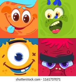 Cartoon monster faces. Scary carnival alien monsters masks. Vector characters set monster face, happy funny alien creature illustration